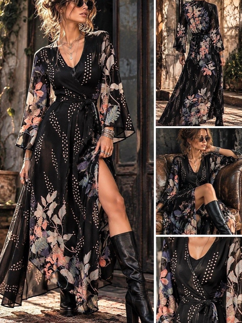Japna Black Floral Kimono Maxi Dress / Duster Robe | Boho Gothic Wrap Front